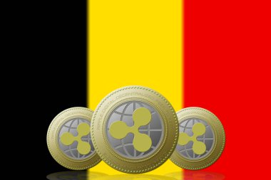 3 Boyutlu İLETİM Arka planında Belçika bayrağı olan üç RIPPLE kripto para birimi
