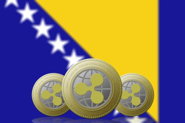 Arka planda Bosna-Hersek bayrağı bulunan üç dalgalı kripto para birimi