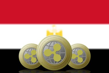 3 Boyutlu İLETİM Arka planda Mısır bayrağı olan üç RIPPLE kripto para birimi