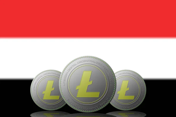 Illustration Trois Crypto Monnaie Litecoin Yémen Avec Drapeau Sur Fond — Photo