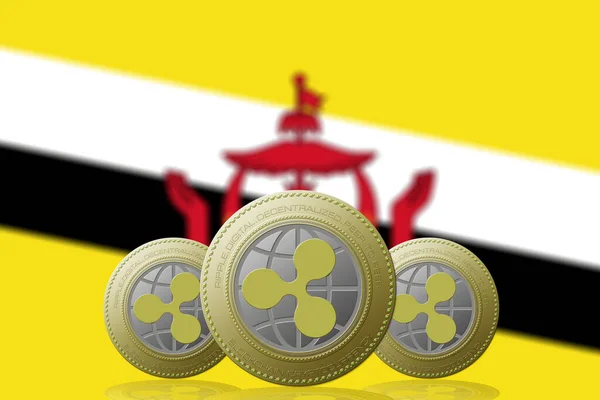 Ilustração Três Criptomoeda Ripple Com Bandeira Brunei Segundo Plano — Fotografia de Stock