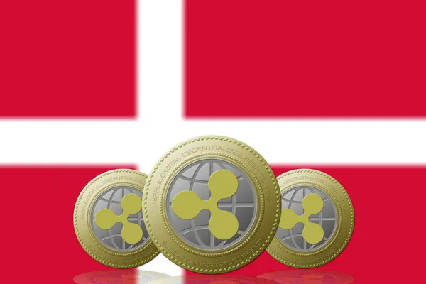 Illustration Trois Crypto Monnaie Ripple Avec Drapeau Danemark Sur Fond — Photo