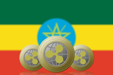 3 Boyutlu İLETİM Arka planda Etiyopya bayrağı bulunan üç RIPPLE kripto para birimi
