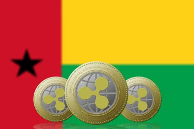 Arka planda Gine Bissau bayrağı bulunan üç RIPPLE kripto para birimi