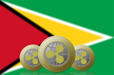 3 Boyutlu İLETİM Arka planda Guyana bayrağı olan üç RIPPLE kripto para birimi