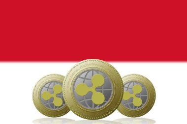 3 Boyutlu İLETİM Arka planda Endonezya bayrağı bulunan üç RIPPLE kripto para birimi