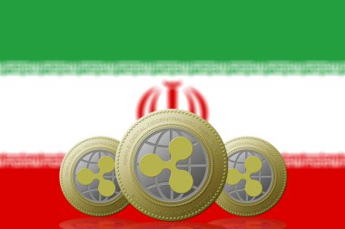 3 Boyutlu İLETİM Arka planda İran bayrağı olan üç RIPPLE kripto para birimi