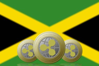 3 Boyutlu İLETİM Arka planında Jamaika bayrağı olan üç RIPPLE kripto para birimi