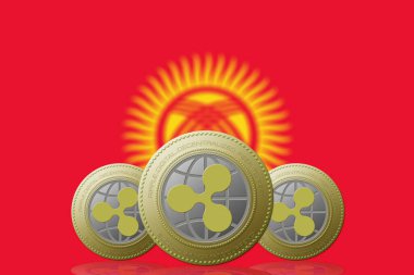 3 Boyutlu İLETİM Arka planda Kırgızistan bayrağı olan üç RIPPLE kripto para birimi