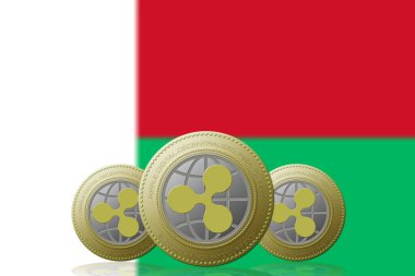 Arka planda Madagaskar bayrağı bulunan üç RIPPLE kripto para birimi