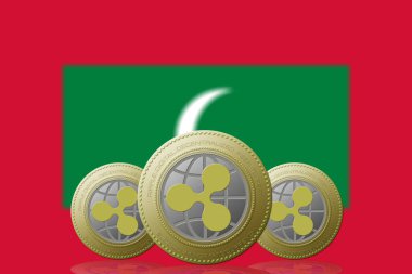 3 Boyutlu İLETİM Arka planda Maldivler bayrağı olan üç RIPPLE kripto para birimi