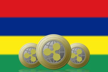 3 Boyutlu İLETİM Arka planda Mauritius bayrağı olan üç RIPPLE kripto para birimi