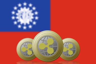 3 Boyutlu İLETİM Arka planda Myanmar bayrağı olan üç RIPPLE kripto para birimi