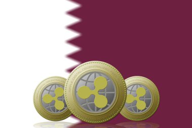 3 Boyutlu İLETİM Arka planda Katar bayrağı bulunan üç RIPPLE kripto para birimi