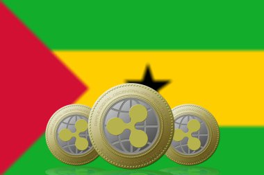3 Boyutlu İLETİM Arka planda Sao Tome ve Principe bayrağı olan üç RIPPLE kripto para birimi