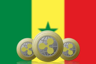 3 Boyutlu İLETİM Arka planda Senegal bayrağı olan üç RIPPLE kripto para birimi