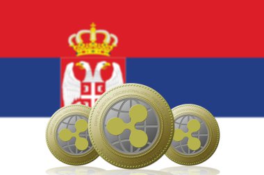 3 Boyutlu İSTİYON Arka planda Sırbistan bayrağı bulunan üç RIPPLE kripto para birimi