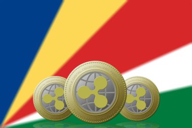 3 Boyutlu İLETİM Arka planda Seyşeller bayrağı olan üç RIPPLE kripto para birimi