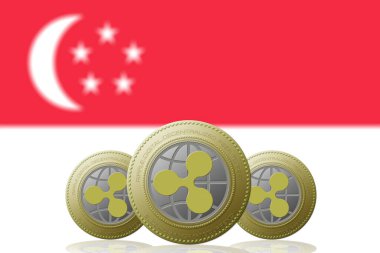 3 Boyutlu İLETİM Arka planda Singapur bayrağı olan üç RIPPLE kripto para birimi