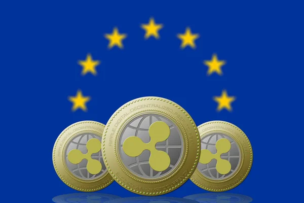 Illustration三个带有欧盟旗帜的Rip一元加密货币为背景 — 图库照片