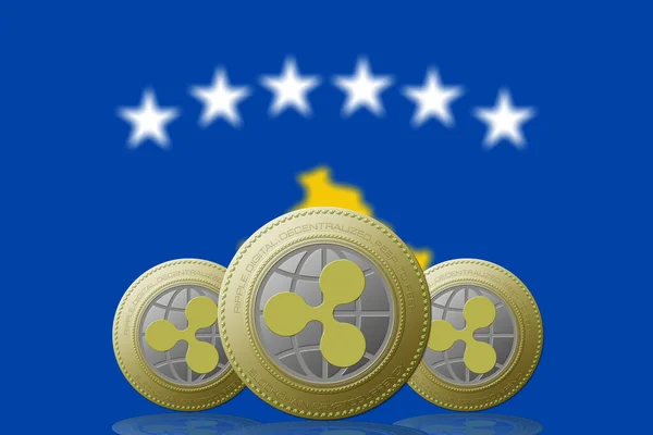 Ilustração Três Criptomoeda Ripple Com Bandeira Kosovo Segundo Plano — Fotografia de Stock