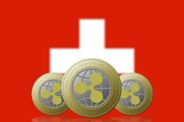 3 Boyutlu İLETİM. Arka planda İsviçre bayrağı olan üç dalgalı kripto para birimi.