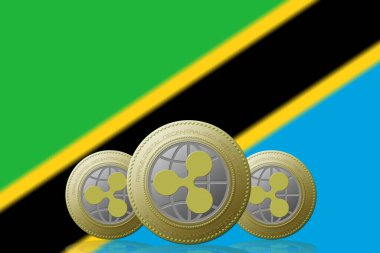 3 Boyutlu İLETİM Arka planda Tanzanya bayrağı olan üç RIPPLE kripto para birimi