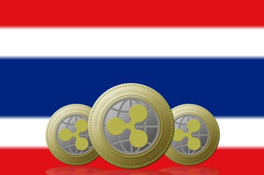 3 Boyutlu İLETİM Arka planında Tayland bayrağı olan üç RIPPLE kripto para birimi