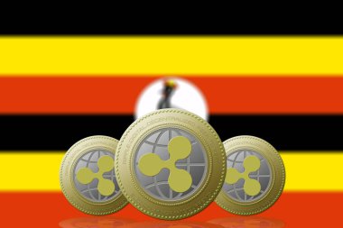 3 Boyutlu İLETİM Arka planda Uganda bayrağı olan üç RIPPLE kripto para birimi