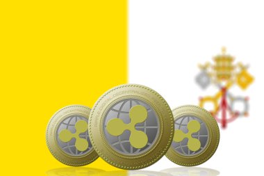 3 Boyutlu İLETİM Arka planda Vatikan bayrağı olan üç RIPPLE kripto para birimi