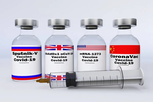 Amerikan, Çin ve İngiliz aşısı mRNA-1273, chadok1 ncov-19, sputnik-v, coronavac içeren konteyner şişeleri Coronavirus hastalığı 2019 COVID-19 3D.