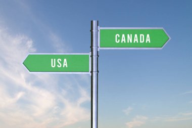 İki ülke arasındaki sınırların yönünü gösteren imza, Usa, Kanada, 3D.