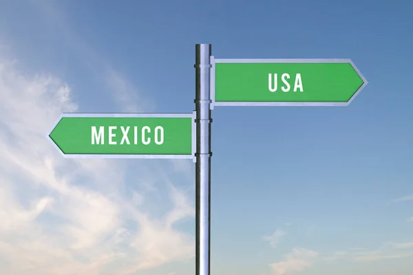 メキシコ アメリカ 3Dレンダリングの国境の方向を示す標識 — ストック写真