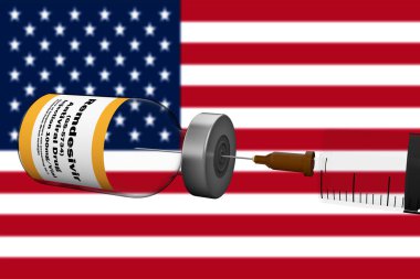 3D RENDER Bir şırınga ve bir şişe antiviral ilaç kalıntısı ile Coronavirus hastalığı 2019 COVID-19 tedavisinde Amerika Birleşik Devletleri Bayrağı.