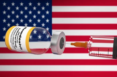 Şırınga ve konteynır şişesi antiviral ilaç Remdesivir GS-5734 A Antiviral in the treatment of coronavirus disease 2019 COVID-19 with United States flag 3D RENDER.