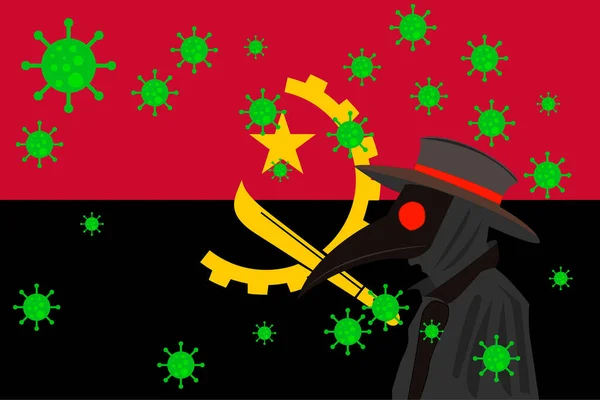 Лікар Чорної Чуми Оточений Вірусами Копіювальним Простором Прапором Angola — стоковий вектор