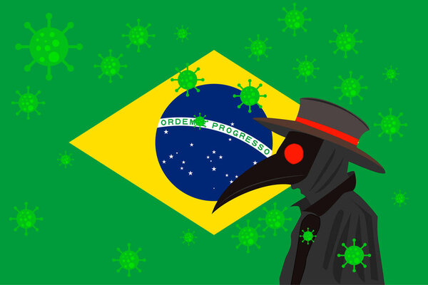 Black plague doctor surrounded by viruses with copy space with BRAZIL flag.