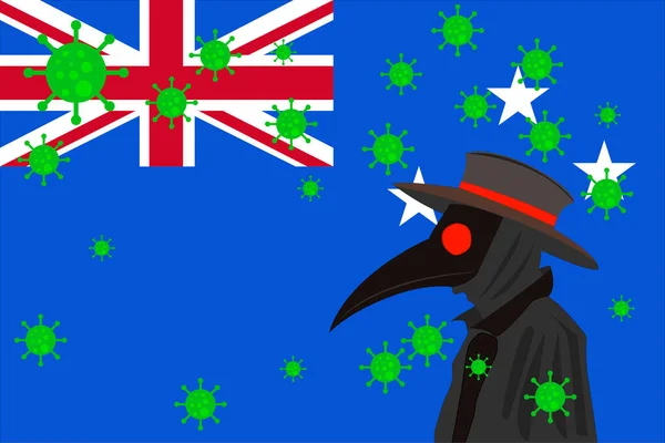 Schwarzer Pestarzt Umgeben Von Viren Mit Kopierraum Mit Australien Fahne — Stockvektor