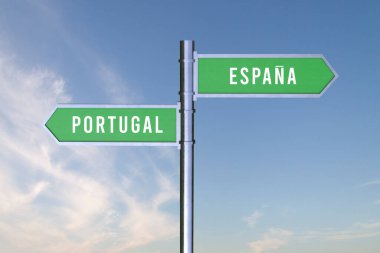 İki ülke arasındaki sınırların yönünü gösteren imza, Espana, Portekiz, İspanya, 3D.