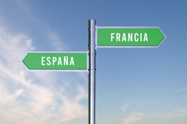 İki ülke arasındaki sınırların yönünü belirten imza, Espana, Francia, 3D.