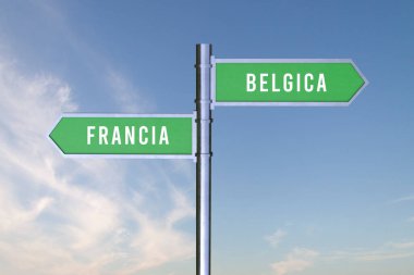 İki ülke arasındaki sınırların yönünü gösteren imza Francia, Belgica, Fransa, Belçika, 3D.