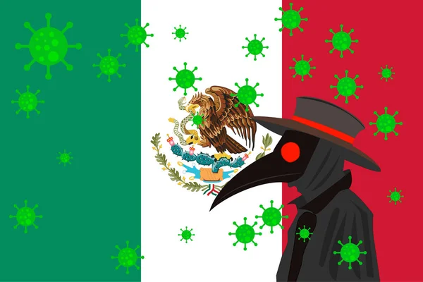 Black Plague Doctor Surrounded Viruses Copy Space Mexico Flag — Stock Vector