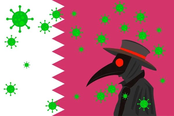 Black Plague Doctor Surrounded Viruses Copy Space Qatar Flag — Stock Vector