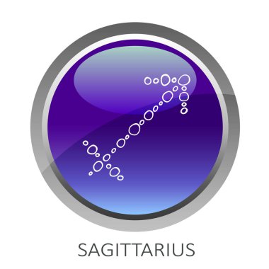 Beyaz arka plan üzerinde yay izole Zodyak işareti ile Ultra mor düğme. Tebrik kartları veya web siteleri için tasarım öğesi.