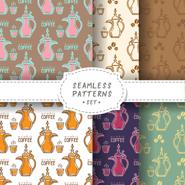 Arabic coffee pots cups seamless patterns set. Design element for cafe menu or gift wrapping paper.