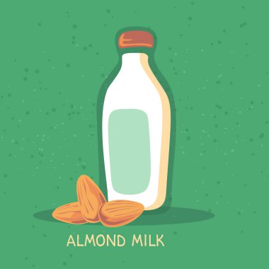 Badem süt şişesi üzerinde yeşil arka plan izole. Organik Gıda ve sağlık gıda sembolleri.