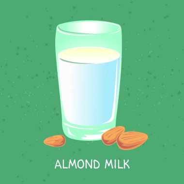 Badem süt cam üzerinde yeşil arka plan izole. Organik Gıda ve sağlık gıda sembolleri.
