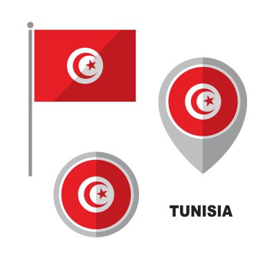 Beyaz arka plan üzerinde izole Tunus bayrağı ve harita işaretçi. Tunus Cumhuriyeti ulusal sembolü. Düz tasarım koleksiyonu.