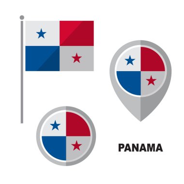 Beyaz arka plan üzerinde izole Panama bayrak ve harita işaretçi. Panama Cumhuriyeti ulusal sembolü. Düz tasarım koleksiyonu.