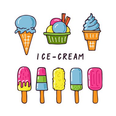 Beyaz arka plan üzerinde izole dondurma koleksiyonu. Tasarım öğeleri kafe, tekstil baskı veya hediye paketi.